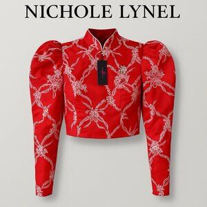 Nichole Lynel Red Puff Sleeve Cropped Brocade Blouse Mandarin Collar Size M
